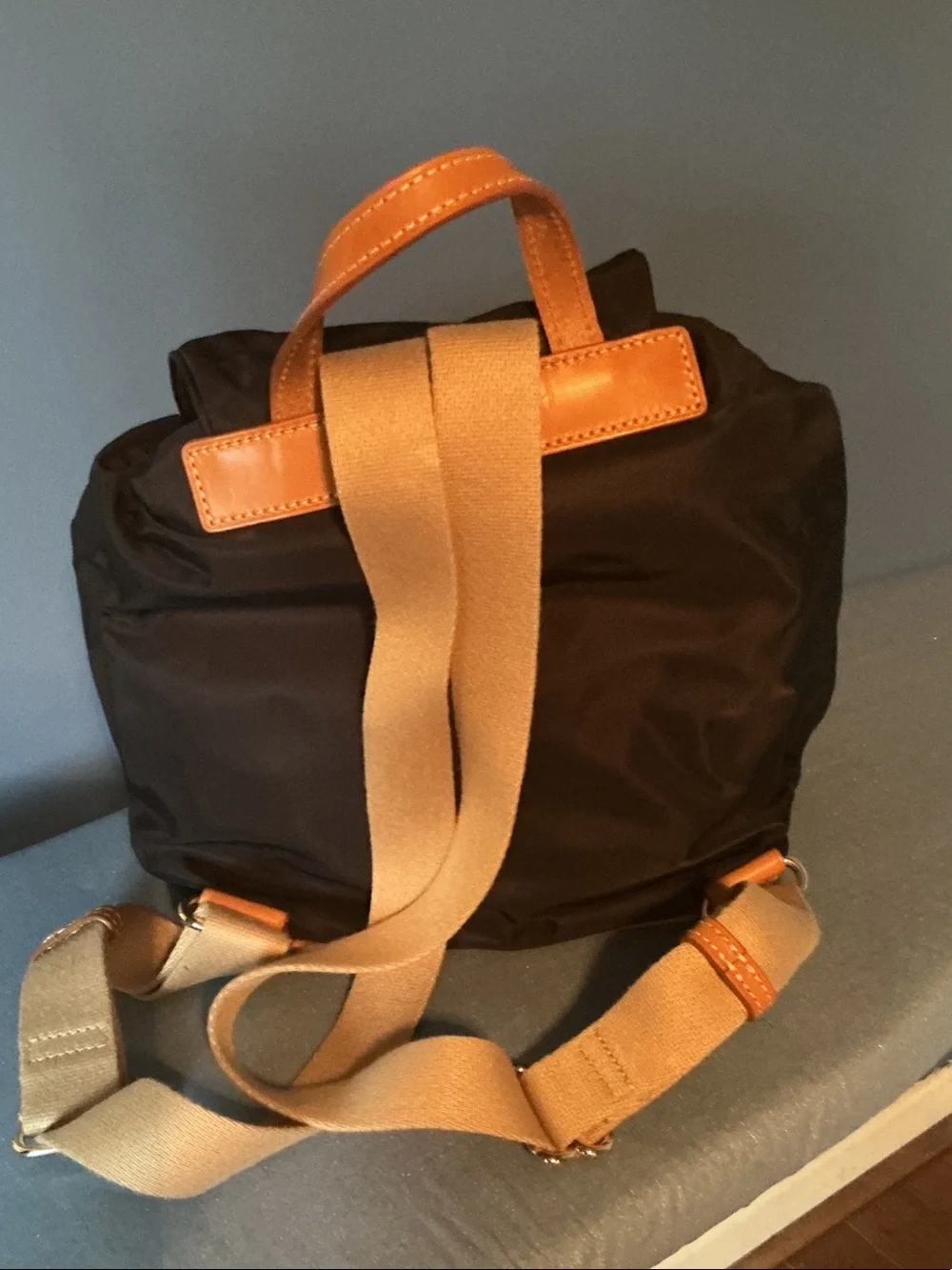 Dooney & Bourke Black Backpack with Tan Leather Accents